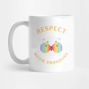 Respect meow pronouns, funny cat face with rainbow glasses Mug